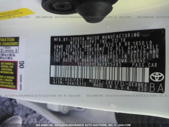 2019 TOYOTA COROLLA LE FRESH US IMPORT FOR SALE
