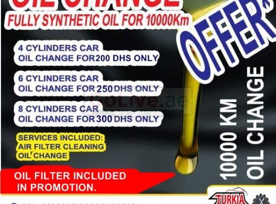 Engine Oil & Filter Change Offer 300 AED at Turkia Auto Workshop.