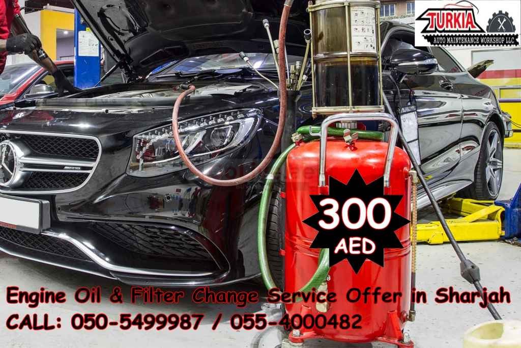 Mercedes Car Engine Oil & Filter Change Service Offer 300 AED at Turkia Auto Workshop Sharjah