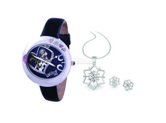 Black Crystal Dial Ladies Watch with Free Jewelry Set