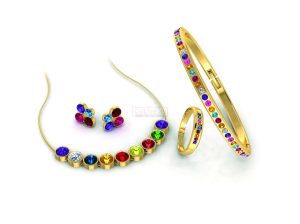 Gold Plated Multicolor Crystal Necklace, Bangle, Ring and 1 pair of Earrings