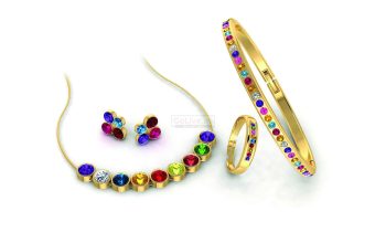 Gold Plated Multicolor Crystal Necklace, Bangle, Ring and 1 pair of Earrings