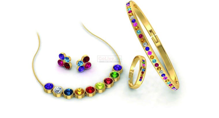 Gold Plated Multicolor Crystal Necklace, Bangle, Ring and 1 pair of Earrings