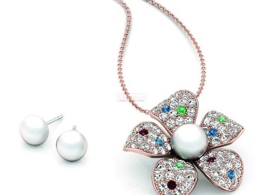 Rose Gold Plated Flower Pendant with Free Pearl Earrings