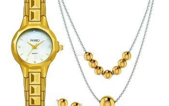 Gold Plated Watch, 2-Layered Necklace and 1 pair of Earrings