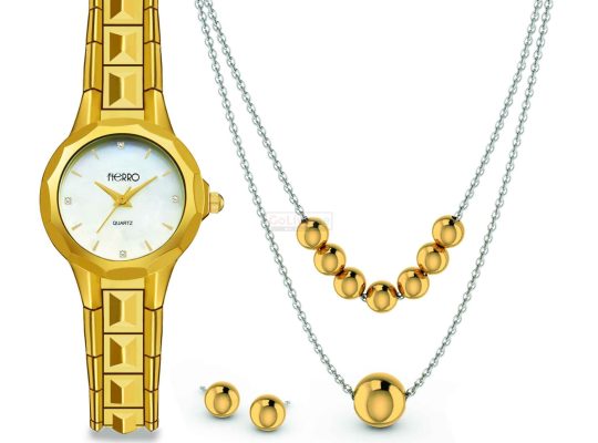 Gold Plated Watch, 2-Layered Necklace and 1 pair of Earrings