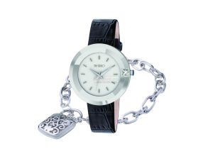 Ladies Black Strap Watch with Silver Plated Padlock Charm Bracelet