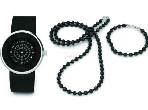 Black Dial Gents Watch with Beaded Necklace and Bracelet