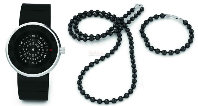 Black Dial Gents Watch with Beaded Necklace and Bracelet