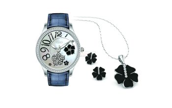 Ladies Leather Strap Watch with Necklace and Earrings Set