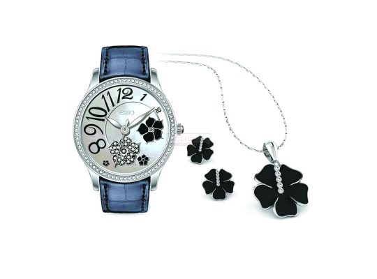 Ladies Leather Strap Watch with Necklace and Earrings Set