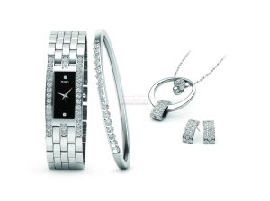 Silver Plated Ladies Watch with Bangle, Necklace and 1 pair of Earrings