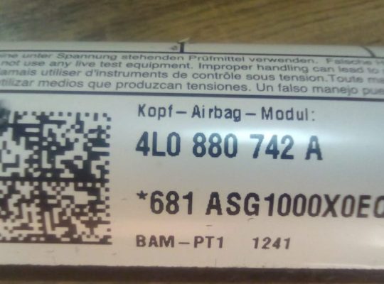 AUDI Q7 2007 TO 2015 RIGHT PASSENGER SIDE UPPER ROOF HEAD CURTAIN SRS AIRBAG PART NO 4L0880742A ( Genuine Used AUDI Par