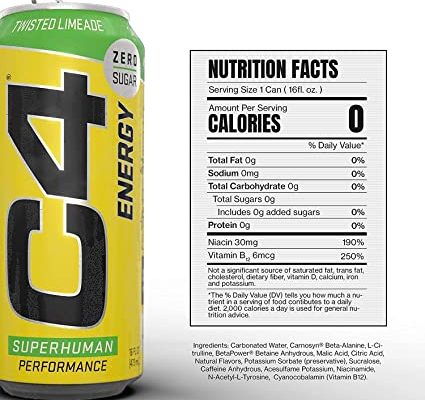 Cellucor C4 Original Carbonated Zero Sugar Energy Drink, Sparkling Twisted Limeade, 500ml 12 pcs