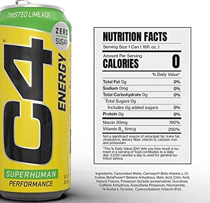 Cellucor C4 Original Carbonated Zero Sugar Energy Drink, Sparkling Twisted Limeade, 500ml 12 pcs