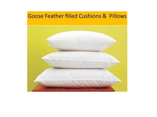 Supplier of Goose Feather Cushions & Pillows, loose white cleaned and odourless Goose Feather, Feather and Down proof lining fabrics, water proof and fire retardant lining fabrics