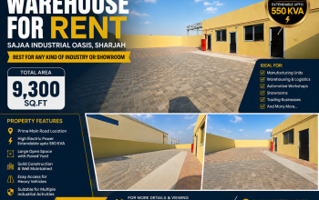 Prime MAIN ROAD Warehouse for Rent – Sajaa Industrial Oasis , Sharjah ( High Electric Power extendable upto 550 kwa )