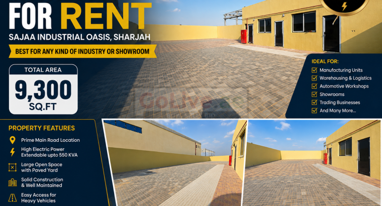 Prime MAIN ROAD Warehouse for Rent – Sajaa Industrial Oasis , Sharjah ( High Electric Power extendable upto 550 kwa )
