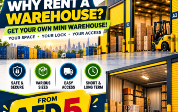 Lockable mini warehouse in Sajaa Oasis, Sharjah. 20ft and 40ft containers, CCTV and truck access. From AED 5/sq ft monthly – 050 2134666.