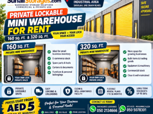 Warehouse for rent in Sajaa Industrial Area, Sharjah. Private lockable 160 and 320 sq ft mini warehouses with flexible monthly rental. Call 050 2134666. Copy Meta Description