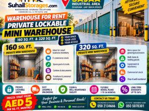 WAREHOUSE FOR RENT IN SAJAA INDUSTRIAL AREA, SHARJAH – Private Lockable Mini Warehouse – 160 Sq Ft and 320 Sq Ft