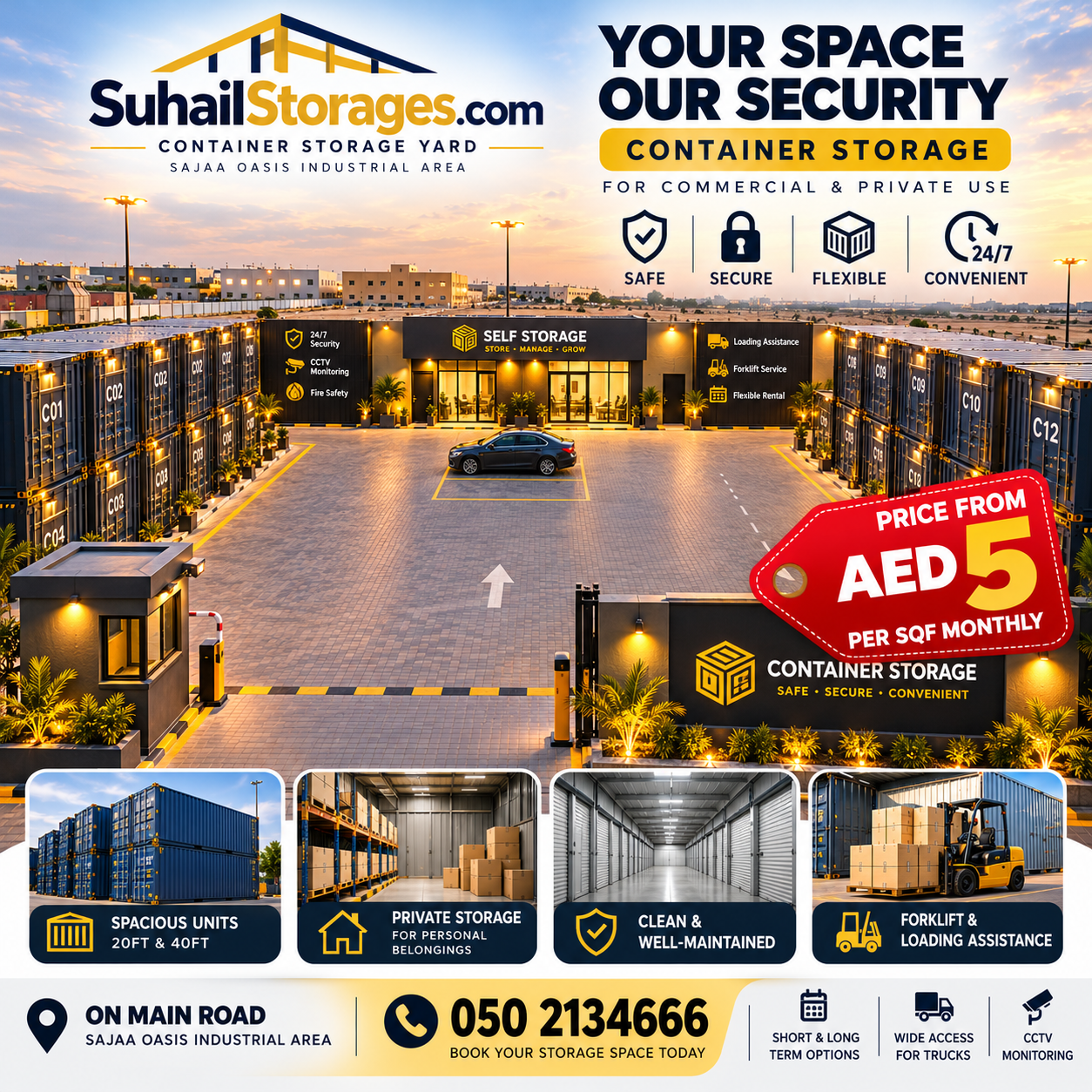 Spacious and flexible storage solutions in sajaa Oasis industrial ( SuhailStorages.com )