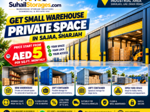 Secure 20ft and 40ft container storage with flexible monthly rentals from AED 5/sq ft – 050 2134666