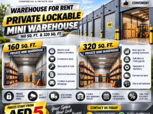 Rent private lockable 160 and 320 sq ft mini warehouse units with flexible monthly terms. Call 050 2134666.