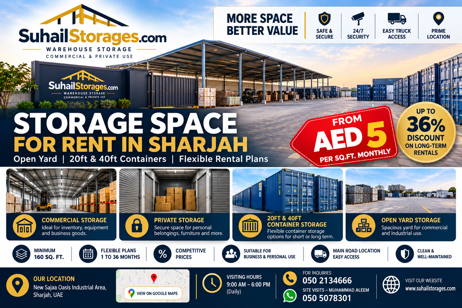 Affordable Warehouse and Storage Space for Rent in Sharjah | Open Yard and Containers | AED 5/Sq.Ft – 050 2134666